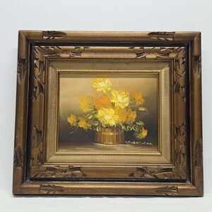 Robert Cox Signed Framed Floral Still Life Oil Painting Yellow Roses Vase Canvas